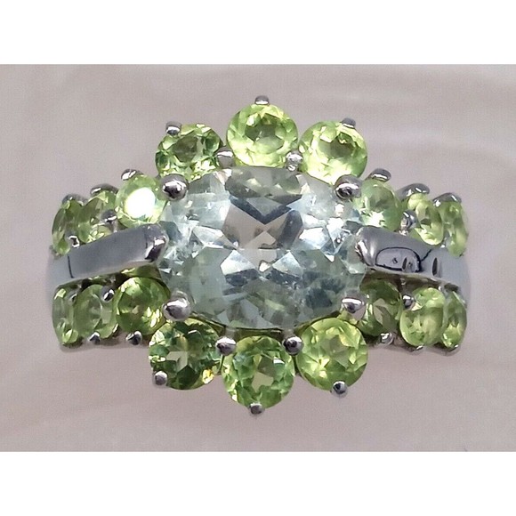 Smoky Quartz Green Peridot Ring Sterling Silver 925 Size 7 Prong Set Sparkly! - Picture 3 of 12
